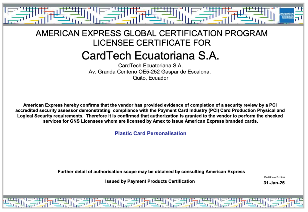 Cardtech American Express Certificate