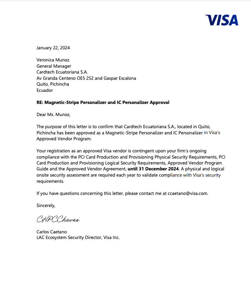 Cardtech Visa certificate